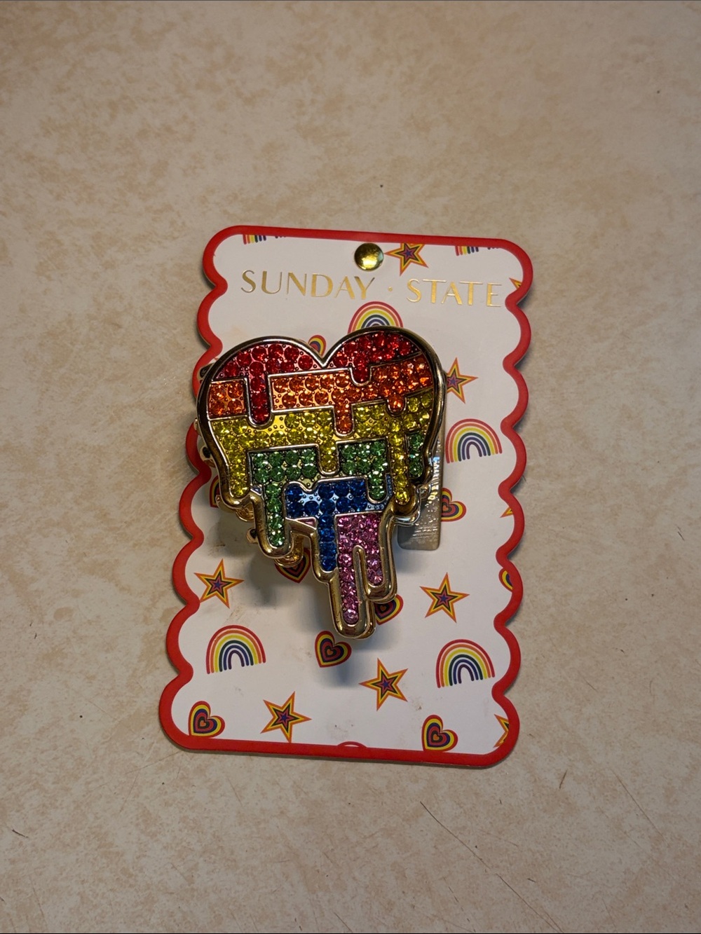 NWT Sunday State Rhinestone Rainbow Drip Heart Hair Claw Clip